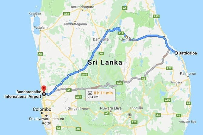 Batticaloa City to Colombo (CMB) Airport Private Transfer - Key Points