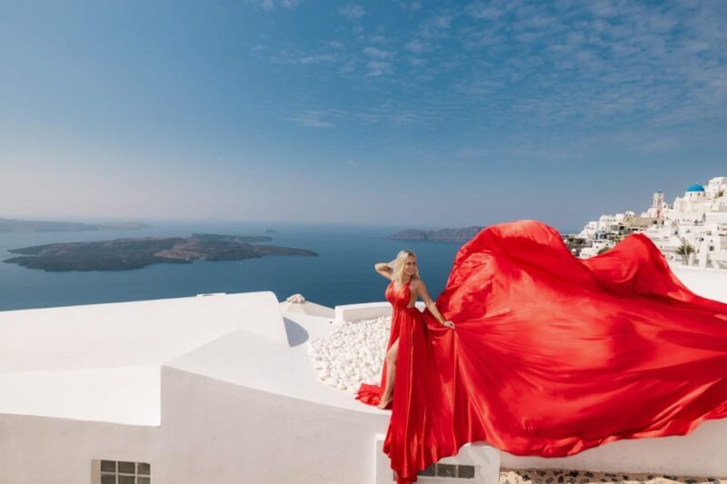 Flying dress Photoshoot in Santorini with Hotel Pickup - The Sum Up