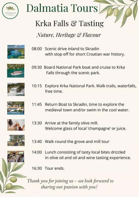 ibenik or Zadar: Krka falls, olive mill, oil & wine tasting - Key Points