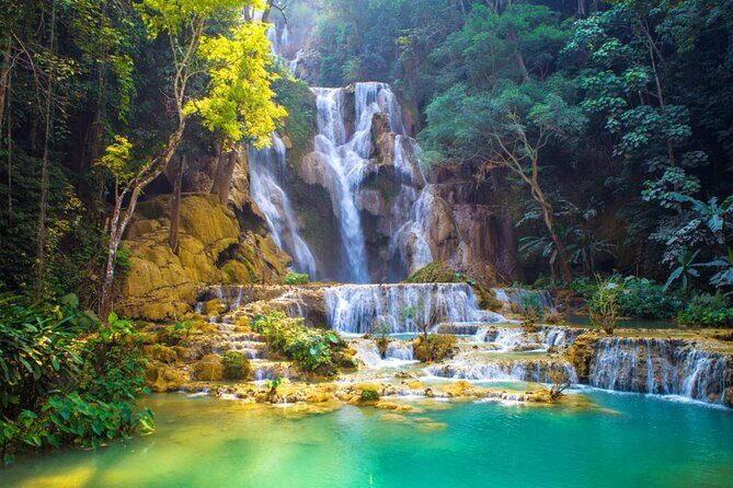 Kuangsi waterfall with sunset view Mekong cruiser Pakou Cave - Key Points